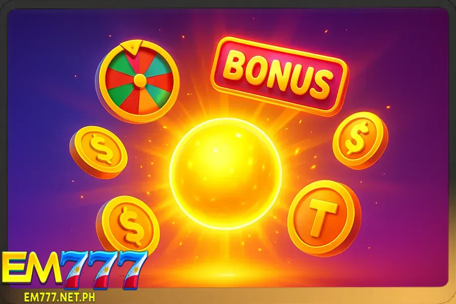 EM777 welcome bonus with deposit match, free spins, and exclusive casino games for new members